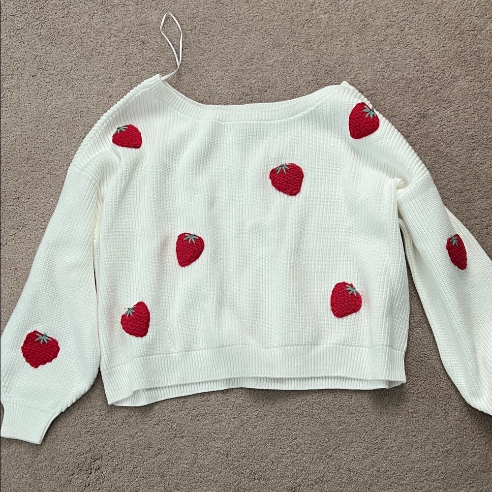 Hollister Off-the-Shoulder White Sweater with Red Strawberry Design